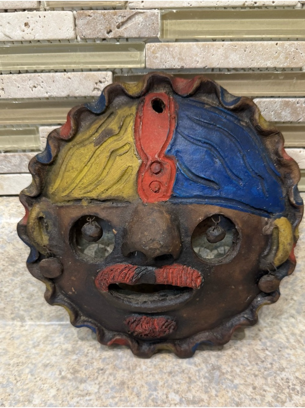 Decorative Clay Aztec Folk Art Style Mask
